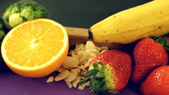 Slate decorated with various fruits and vegetables