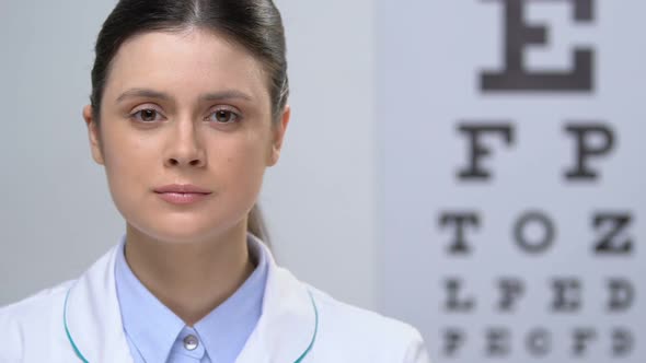 Female Doctor Holding Pills Bottle Against Eye Chart Background, Ophthalmology