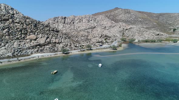 Piperi beach in Naoussa on Paros island in the Cyclades in Greece aerial view