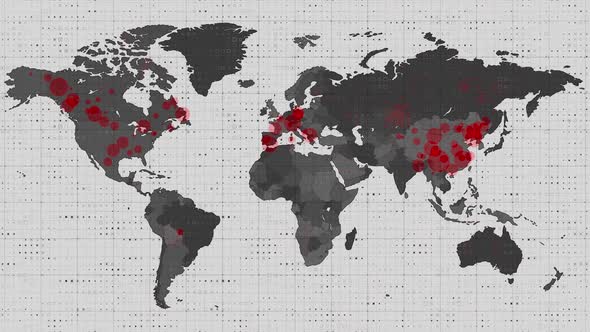 Animation of the world map and countries turning red through circles in a white background