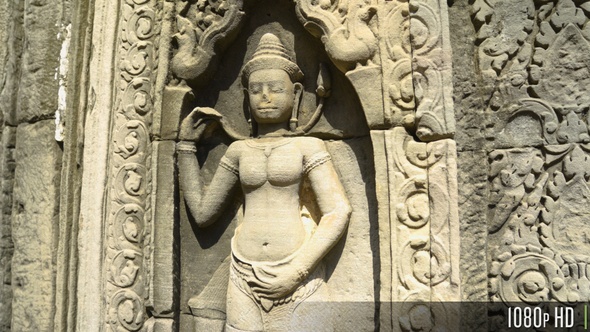 Ancient Bas Relief Sculpture of an Apsara Figure in Angkor, Cambodia