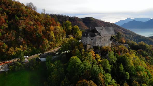 Drone Video of an Castle in the Mountains with Fog