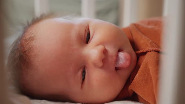 Portrait of a newborn baby in the cradle as seen from the side