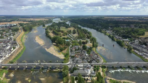 Aerial Drone Footage of Pont Du Marechal Leclerc Over River with Cars Traffic