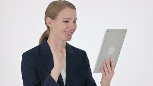 Video Call on Tablet By Young Businesswoman on White Background