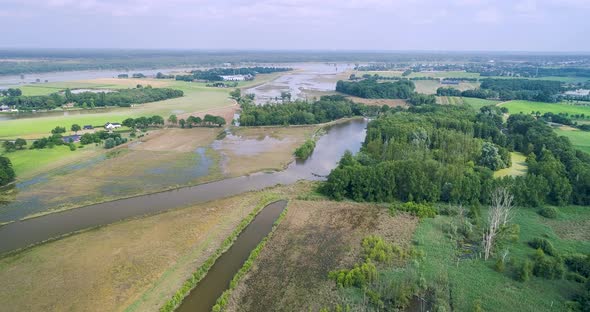 Aerial view of inlet of flooded climate buffer during high water, Netherlands.