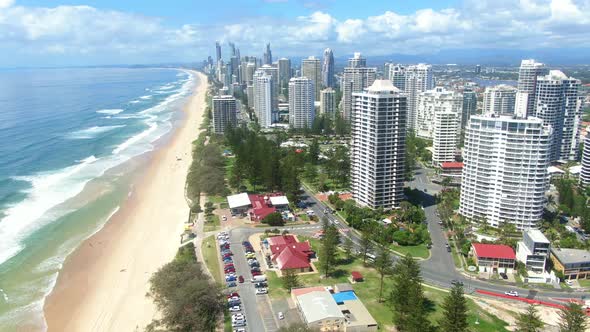 Rising and Looking south  along Surfers Paradise skyline, iconic surf beaches, clear summers day. Pa