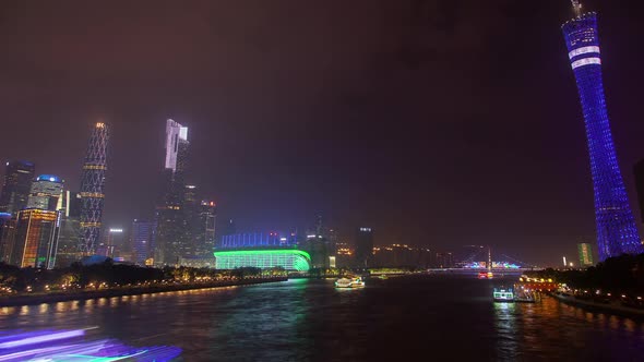 Guangzhou Motorboats on Night Pearl River in China Timelapse