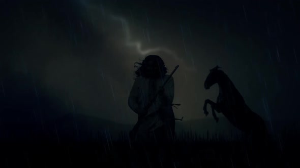 An Epic Native American Warrior And A Horse Under A Storm