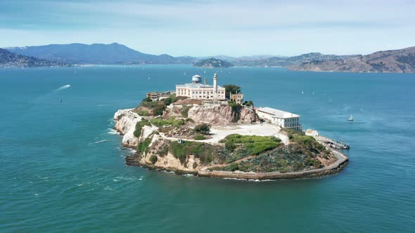 Close Up Alcatraz Island  Aerial Historic Building Surrounded By Pacific Ocean