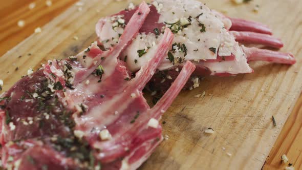 Lamb ribs lying on a kitchen table