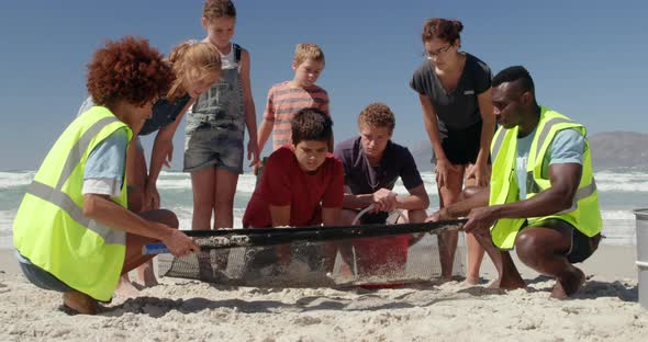 Volunteers cleaning beach on a sunny day 4k