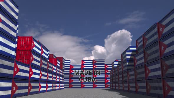 Many Cargo Containers with MADE IN CUBA Text