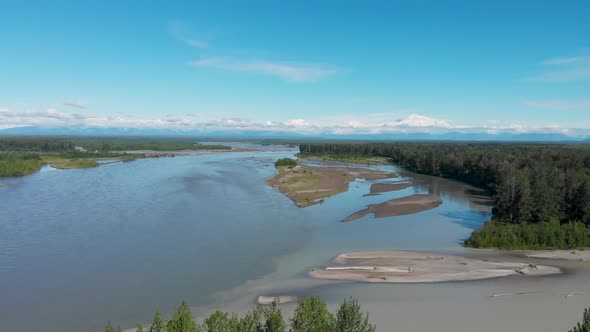 4K Drone Video of Susitna River with Denali Mountain in Distance on Alaska Summer Day