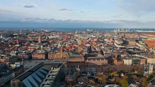 Drone Shot of Copenhagen's City Center and a View of the Busy Streets