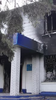 Vertical Video of a Wartorn Police Station in Ukraine