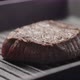 Slow Motion Handheld Shot of Beef Steak Cooking on Iron Grill Pan - VideoHive Item for Sale