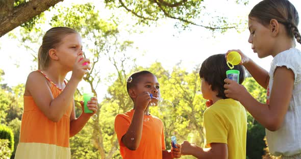 Group of kids blowing bubbles in park