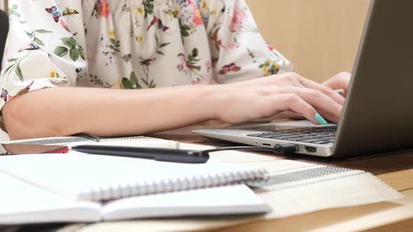 Woman Typing Text on Laptop and Drinks Coffee