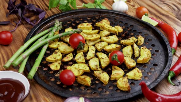 Fried Potatoes in a Rural Style with Spices Rosemary and Fresh Tomatoes on a Wooden Table Top View
