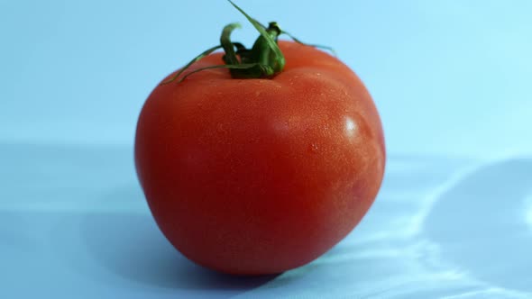 Red ripe tomato on a blue background. Organic vegetables.