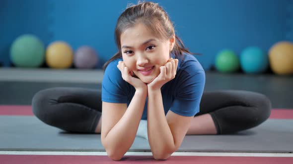 Attractive Asian Female Showing Perfect Stretching Bending Legs Having Good Time Ay Gymnastic Class