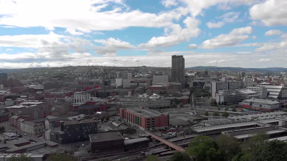 Drone flying above Sheffield City Summer Sunny Day 4K Train Station Sheffield Hallam Vivid Traffic a