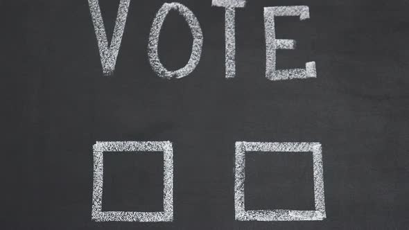 Hand Putting Tick Near Yes Option on Blackboard State Referendum, Democracy Vote