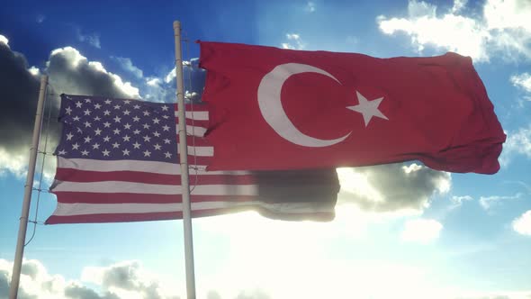 United States and Turkey Flag on Flagpole