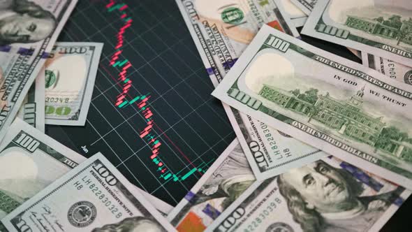 US Dollar Banknote Stacks Over Digital Screen with Exchange Chart Depreciation and Volatility