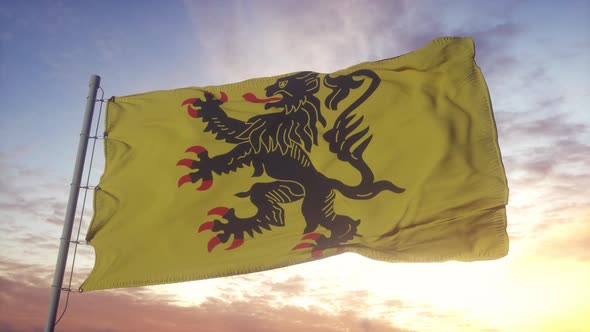 Nord-Pas-de-Calais flag, France, waving in the wind, sky and sun background