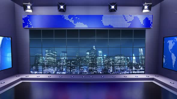 TV News Virtual Studio With Night City Background And Floodlights 1