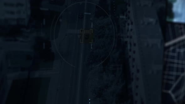 A Navigation Drone is chasing and scanning the black Vehicle on the City Road