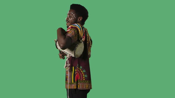 Portrait Young African American Man Plays African Talking Drum Yuka