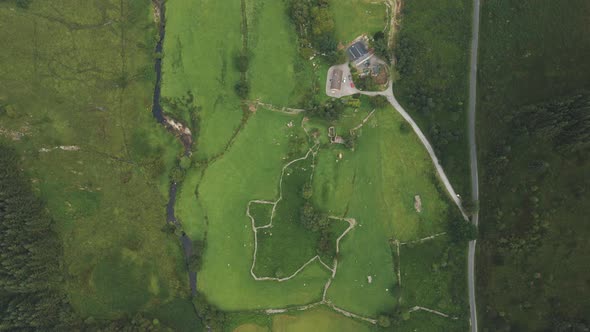 Stunning Landscape View Above The Green Lamb Farmland In The Valley Of Wicklow Mountains In Ireland