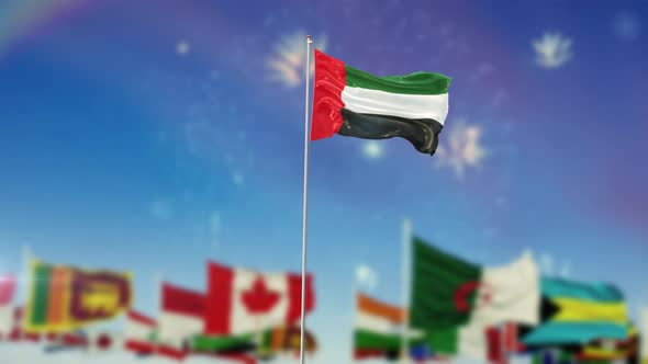 United Arab Emirates UAE Flag With World Globe Flags And Fireworks