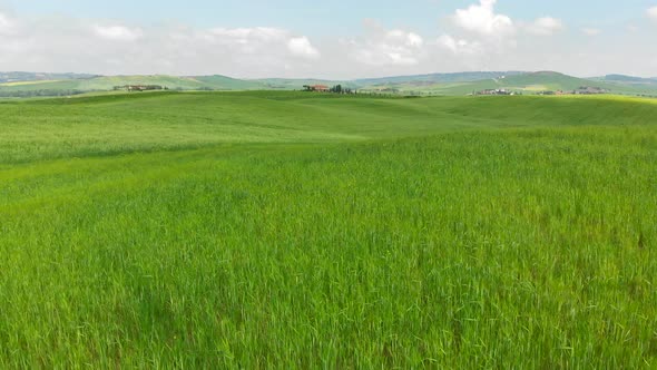 Flying Over Green Fields of Tuscany, Italy