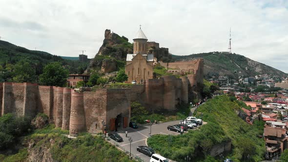 Narikala Fortress Landmark on Hill Aerial Shot