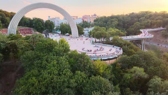 Aerial view of the People's Friendship Arch in the center of Kiev in Ukraine.