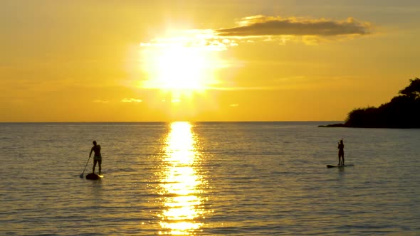 silhouette of Paddle board in the ocean at sunset, golden hour Crop Zoom in