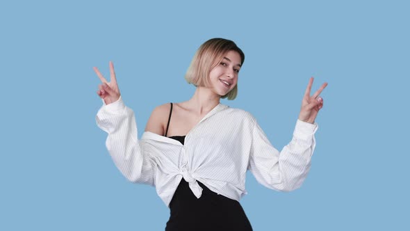 Peace Gesture Victory Celebration Girl Gif Loop alt