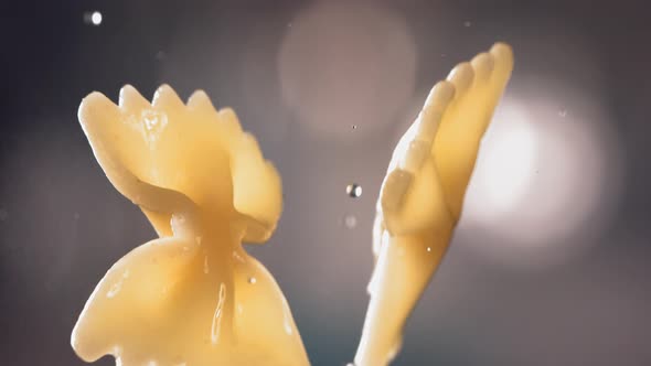 Pasta Farfalle is Flying Up on a Kitchen Bokeh Background