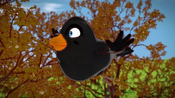 4K animation of a fun cartoon black bird, alt