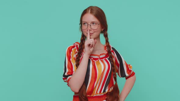 Girl Presses Index Finger to Lips Makes Silence Gesture Sign Do Not Tells Secret Shh Be Quiet