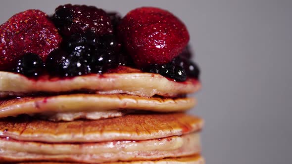 Breakfast Pancakes with Sweet Berry Syrup, Tasty Stack of Pancakes in Jam