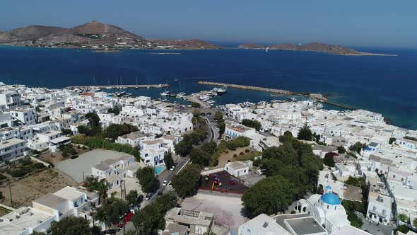 Town of Naoussa on the island of Paros in the Cyclades in Greece seen from th