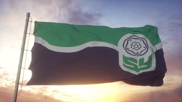 South Yorkshire Flag England Waving in the Wind Sky and Sun Background