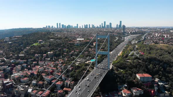 Establishing aerial drone view of Fatih Sultan Mehmet Bridge