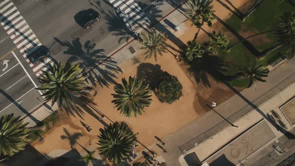 Afternoon drone view from a pedestrian park and moving across the Ocean Ave public road, Santa Monic