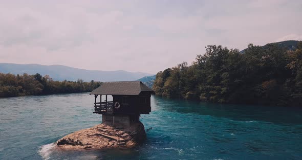 A House On A Rock On The Drina River In Serbia